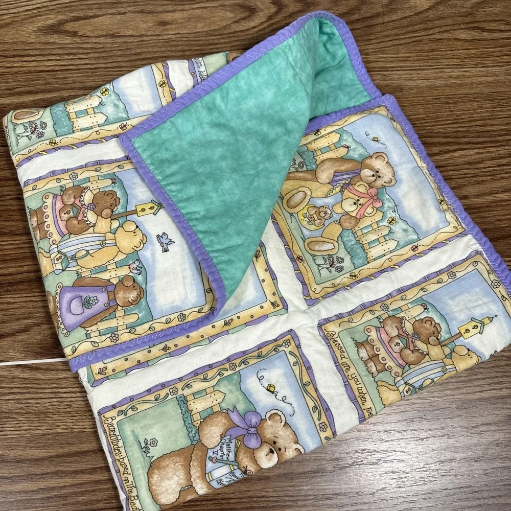 Vintage Handmade Children's Quilt Reversible Bears and Solid Violet Fabric 40x32